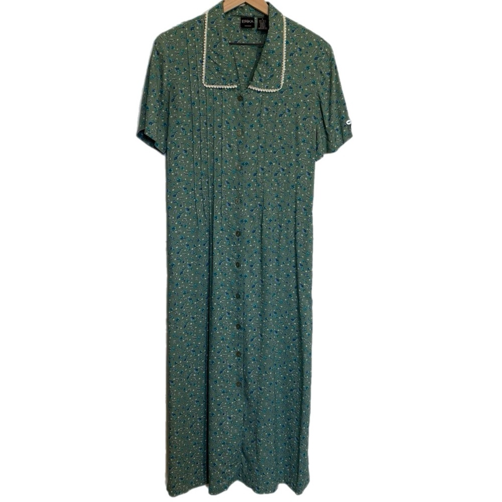 ERIKA Green Blue Ditsi Floral Button-Front Tie Back Pockets Maxi Dress S.